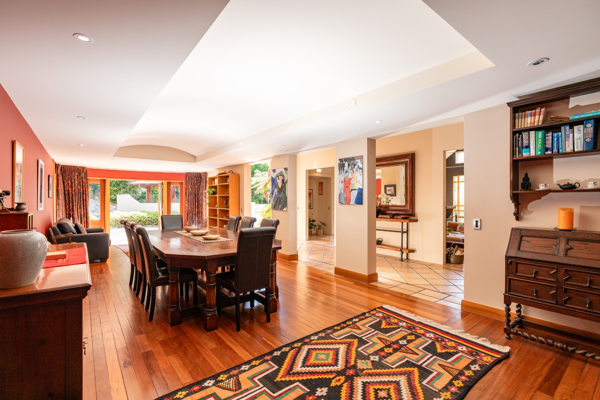 Banquet-sized dining room with timber table